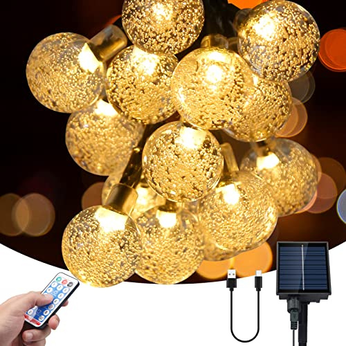 shenkey Luces Cadena Solares, 60 LED de Bola Cristal con Control Remoto, Alimentadas por Energía Solar/USB, Guirnalda Luces Exterior para Jardín, Decoraciones Interiores y Exteriores(Blanco Cálido)