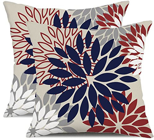 DFXSZ 4. Juli Kissenbezüge, 50.8x50.8 cm, 2er-Set, patriotisch, blau, rot, Dahlie, Blumenmuster, Outdoor, wasserdicht, dekorative Kissen, Leinen, Kissenbezug, Dekoration für Terrasse, Garten, Couch