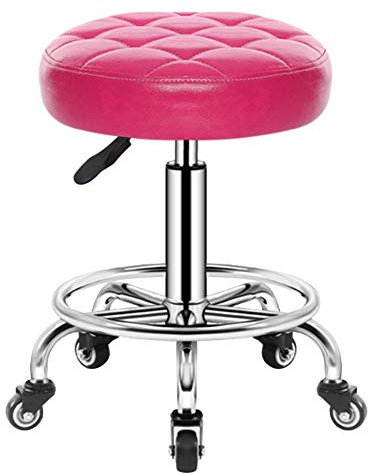 Drehhocker auf Rollen, Verstellbarer Rollhocker, 46–61 cm, gepolsterter Sitz mit Kunstlederbezug, Arbeitshocker für Kosmetikstudio, Büro, Weiß (Rosa)