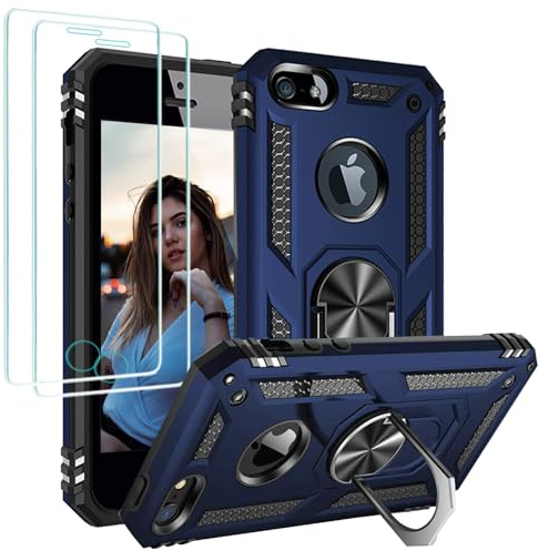 Jeylly for iPhone SE 2016/5/5s Case with 2Pcs Screen Protector, Blue/Black | Shock Absorption Drop Protection Rugged Cover with Rotatable Metal Ring Stand [Support Magnetic Car Mount]