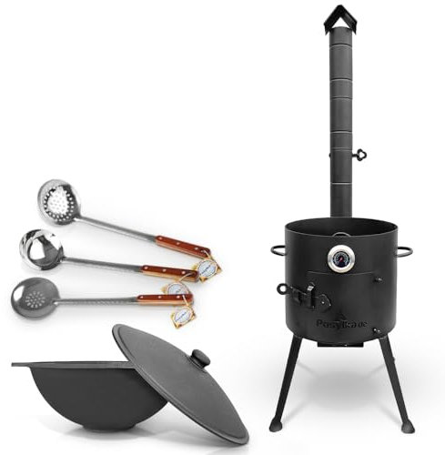 Utschak Uchag - Hornillo de fuego de 36 cm de diámetro y 2 mm de acero con kazan uzbeko de 10 l, termómetro de fondo plano, cuchara de espuma de 48 cm, cucharón para Plov 48 cm Казан Учаг Kazan Asia