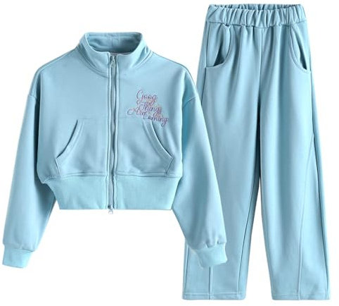 linboo Ensemble 2 pièces pour fille - Survêtement de jogging avec double fermeture éclair et pantalon de sport pour enfant, bleu, 158