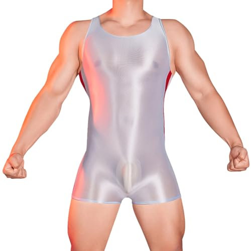 WAZHAKU Herren ÖL Glanz Body Ärmellos Bodysuit Latex Anzug für Männer Einteiler Kompression Unterwäsche Sport Trikot Body Transparent Bodysuit Kurz Ganzanzug Jumspuit Reizwäsche Gymnastikanzug