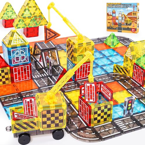 iKidiki Magnetische Bausteine, 50 Teile Magnetbausteine ab 3 4 5 6 Jahre Magnetspielzeug Magnet Bausteine für Kinder Magnetic Building Blocks Magnetische Bauwelt Fahrzeuge Geschenk Junge Mädchen