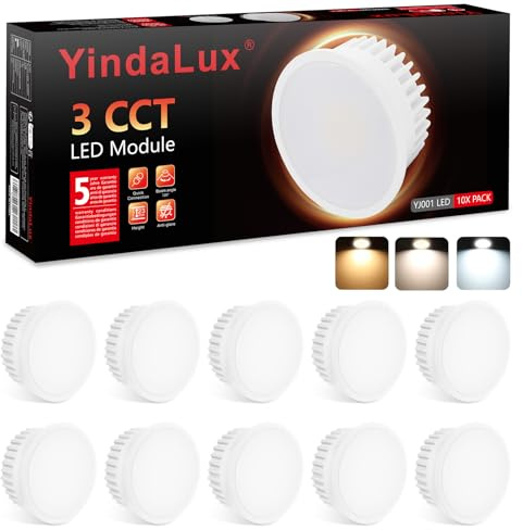 YindaLux 10-pack LED-modul 5W, GU10/MR16 byte, 900 LM, varm vit naturlig kall vit, dimbar, 3 000 K-6 500 K, ultrapiatto ø50 x 23 mm, 120° ljusstrån för infällda fläckar i taket