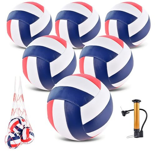 6 Pack Volleyballs Official Size 5, Soft Bulk Recreational Volley Balls with Pump and Net Bag for Indoor Outdoor Beach Pool Water Sand Game Training Match Gift for Beginner Women, Red Navy Blue Blue