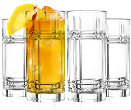 Barski Highball Glass - Drinking Glasses - Set of 4 - Hiball Tumblers - Glass Crystal Tumbler - for Water, Juice, Beer, Mixed Cocktails, Mojito Glass, Tom Collins Bar Glassware, 12 oz, Made in Europe