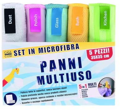 LA CASA DELLE COSE 5 panni microfibra, 5 SUPER POTERI diversi: Polvere, Cucina, Bagno, Vetri e Mobili 35x35 cm
