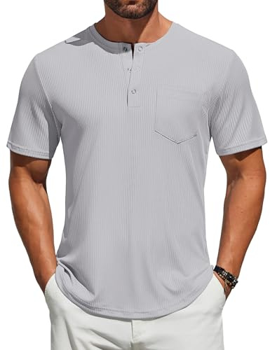 COOFANDY T-Shirt Henley pour Homme Manches Courtes côtelé avec Poche Patte de Boutonnage décontracté Gris Clair Taille M