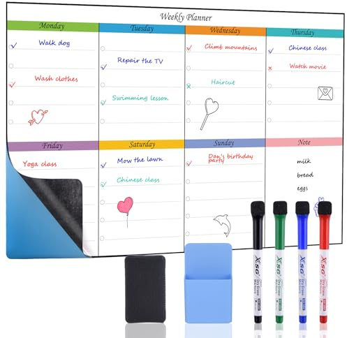 POPRUN Weekly Planner Whiteboard A3 Family Calendar for Wall & Fridge, Self Adhesive White Board Calendar Planner, Weekly Meal Planner Board Wipeable- 42x28 cm