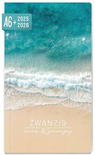 Häfft® Monatskalender 2025/2026 A6+ Slim Summer Beach 1 Monat auf 2 Seiten, Taschenkalender für 17 Monate: Aug. 25 - Dez. 26, Monatsplaner klein - nachhaltig & klimafreundlich