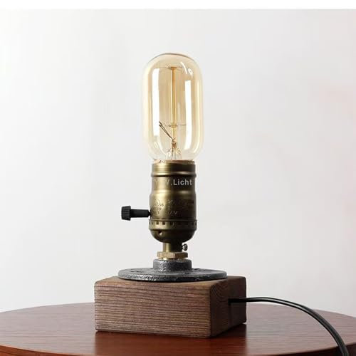 Y.W.Licht E27 Base Table Lamp with Plug Dimmable 1,8 Meter Cable with Switch E27 Lamp Holder Wooden Base for Home Lighting Decor Max.60W Vintage Industrial Bedside Lamp (No Bulb)