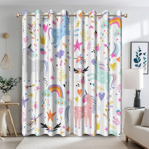Ttincceer u-nicorn Rideau pour Chambre d'enfants Dessin animé Arc-en-Ciel Nuage occultant Rideau pour Chambre de Fille coloré u-nicorns Rideaux de fenêtre pour Chambre de bébé 2 Panneaux 117x183cm