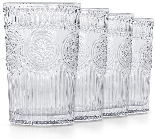 BIMUYI Lot de 4 verres à eau vintage en relief, romantiques, capacité 370 ml