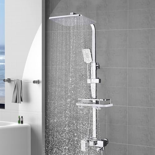 Duschsäule, Duschsystem mit Thermostat, 85-125cm Verstellbare Duschstange, Duschset für Badezimmer, 30cm Quadratische Kopfbrause,Duschpaneel aus Edelstahl (Drei Wasserauslassmodi, Silber)