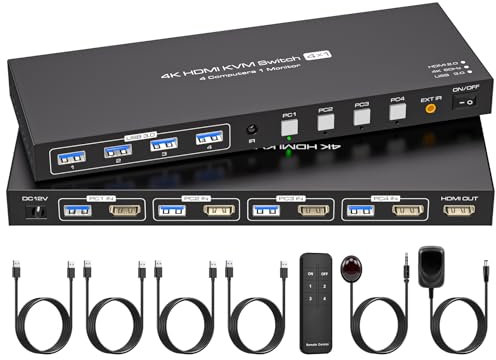 VPFET Switch KVM a 4 porte HDMI 4 PC 1 monitor 4K60Hz KVM Switch HDMI 2.0 Condividi 4 dispositivi USB 3.0 Supporta simulazione EDID con adattatore di alimentazione DC12V e 4 cavi USB 3.0