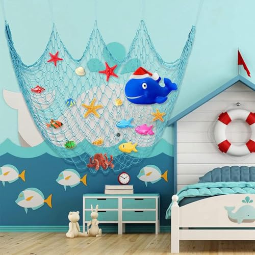 Fischnetz Dekoration 1Mx2M Muscheln Deko Netz, Natürliche Baumwolle Fischnetz Party Dekoration Tropische Nautische Strand Tischdecke Mediterraner Stil für Familie Fotografie (Meeresblau)