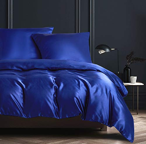 YASMENG Copripiumino in Satin 240x260 Blu Solido Lucido Deluxe Set Biancheria da Letto in Satin Morbido Liscio Seta Lino da Letto per 2 Persone con Cerniera e Federe per Cuscini 65x65 cm
