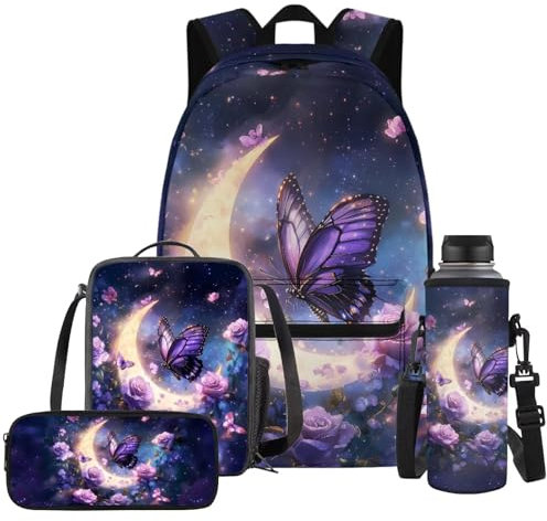 YDFISH Moon Butterfly Floral Elementary School Backpack for Girls Kids School Bag with Lunch Bag Girls Backpack 10-12 Years Old Casual Travel Bookbag Satchel Laptop Bags