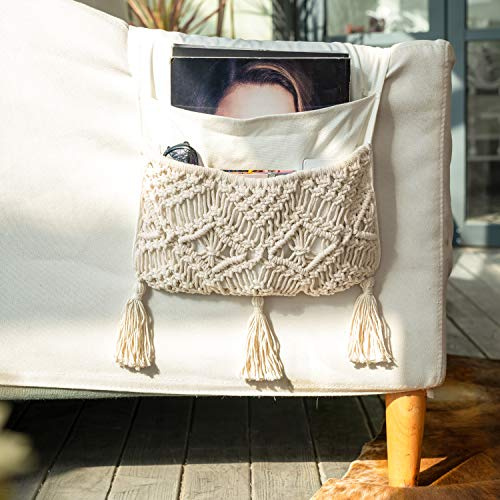 Mkono Macrame Sessel Caddy für Couch Fernbedienung Halter Sofa Armlehne Bettseite Organizer Tasche für TV Fernbedienung, Magazin, Bücher, Handy, iPad, Boho Home Decor, Beige