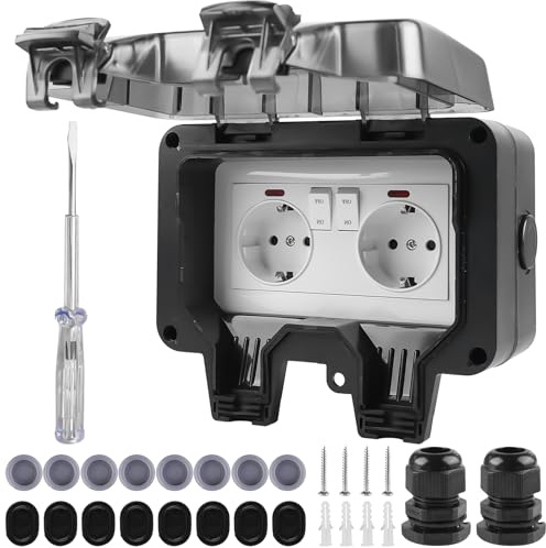 Aussensteckdose Wasserdichte IP66 mit Schalter & Klappdeckel - Steckdose aussen, Doppelsteckdose Outdoor Garten (2-fach, 16A, schwarz) - Außensteckdose Aufputz für Balkon, Terrasse, Badezimmer