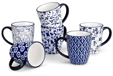 vancasso 12 oz Selene Ceramic Mugs Set of 6, 360 ml Small Vintage Blue-and-White Coffee Cups for Tea, Latte & Cappuccino, Drinkware Gift Set, Microwave & Dishwasher Safe