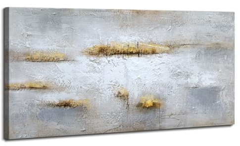 WENGTIAO Große Abstrakt Gemälde auf Leinwand Handgemalt Gerahmte Wandbilder | Weiß Grau Gold Abstrakte Kunstbilder Acrylgemälde für Wohnzimmer Schlafzimmer Modern Wohndekor 120x60 cm