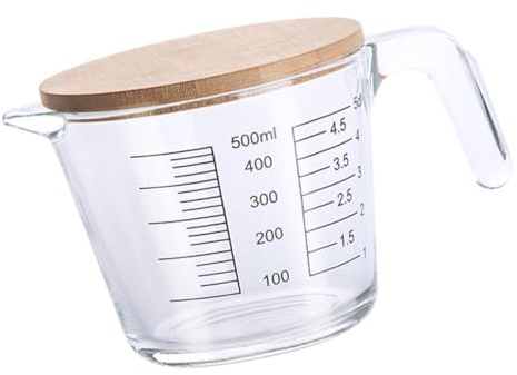 MUELODSIC Copas Graduadas De Vidrio Resistente Al Calor 500 Ml Taza Medidora De Cocina Con Tapa De Madera Práctica Para Hornear y Repostería