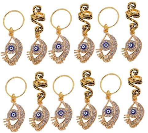BEBEMOKO 12pcs Hair Jewelry Evil Eye Hair Rings Dreadlock Jewelry for Women Braid Accessories Evil Eye Braid Dreadlock Pendant for Women Golden