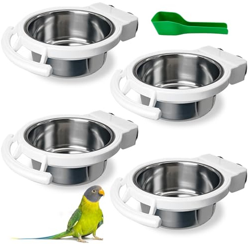BNOSDM Hanging Stainless Steel Bird Bowls 4 PCS Bird Feeding Dish Cups with Perch Stand Parrot Food Container Food and Water Bowls with Spoon for Budgie Cockatoo Finch Lovebirds Pigeons (White)