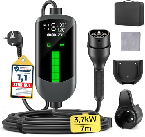 Cargador Coche Electrico Wallbox 3,7kW - 7M/6-16A Monofasico Cable carga coche electrico, Cargador Tipo 2 EV Charger Portátil, LCD Pantalla, Controlable, IP65, para Mayoría EVs(IEC 62196-2) & PHEVS