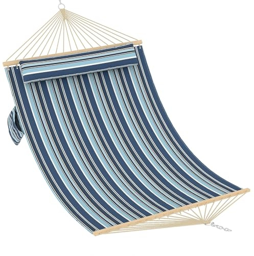 Extra Large Double Hammock for 2 People – 200 x 140 cm Swing Bed with Pillow, Wooden Spreader Bar & Chains, 204 kg Load Capacity for Patio, Porch, Garden & Indoor/Outdoor Lounging – Blue/Stripes