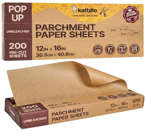 Katbite 200 PCS Baking Paper Parchment Paper Sheets 30x40 cm Pop-Up | Precut unbleached baking paper sheets in dispenser box. Heavy duty 45gsm non stick. Ideal for oven, air fryer & grilling