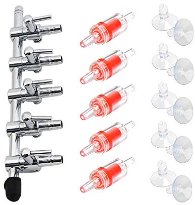 Bornfeel Aquarium Luftverteiler 16 in 1 Set 5-Wege Ventil Luftbahn 5 Rückschlagventil 10 Saugnäpfe für 4/6mm Schlauch Luftpumpe 5-Fach Metall Luftabsperrhahn