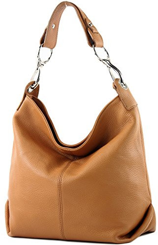 modamoda de T168 Damen Leder Schultertasche Henkeltasche Medium handmade in Italy, Farbe:Camel