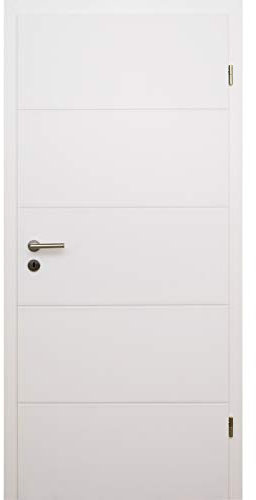 HORI® Zimmertür Komplettset mit Zarge und Türdrücker I Innentür weiß lackiert mit 4 Querstreifen I Höhe 198,5 cm I Anschlag, Breite und Wandstärke wählbar I DIN rechts I 1985 x 610 x 80 mm