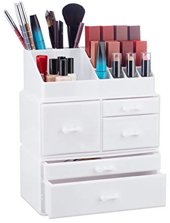 Relaxdays Make Up Organizer mit 21 Fächern, Kosmetik Tower für Lippenstift, Nagellack, Schminke, Acryl Make Up Box, weiß, 29,5 x 23,5 x 14 cm