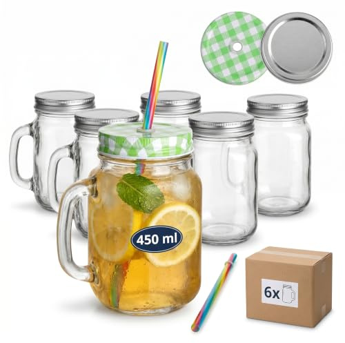 gouveo Set di 6 bicchieri da 450 ml con coperchio verde, argento - bicchiere con manico e cannuccia riutilizzabile - bicchieri con manico e coperchio - bicchiere da cocktail (TGH450SGR)