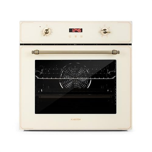 Klarstein Elizabeth - Forno Elettrico a Incasso, Design Rétro, 70L, Classe A, Autonomo, Ventola/Calore dall'Alto/dal Basso/Grill, 2200 Watt, 50-250 °C, Manopola e Maniglia Effetto Ottone, Crema