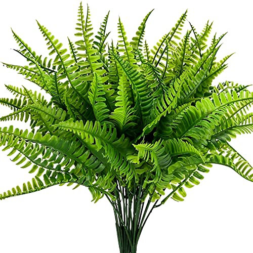 ToKinCen 6 Artificial Ferns Outdoor Fake Boston Fern Plants Plastic Fern Plants Green Bushes Shrubs Bundles Patio Basket Hanging Planter Garden Decor