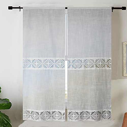 Coppia Tendine Finestra Con Pizzo Ricamato Fiore Tenda Cucina Moderna Lino-Poliestere Shabby Chic Tinta Unita 60x150cm 2 Unità Bianco