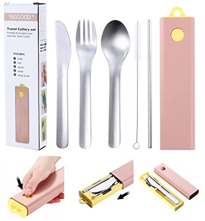 Juego de cubiertos de viaje para llevar | Juego portátil reutilizable con cuchillo, tenedor, cuchara, pajita, cepillo para el hogar, viajes, camping, funda incluida (rosa y amarillo)
