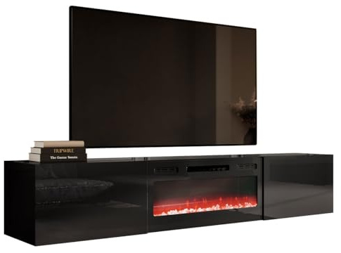 Mirjan24 TV Schrank mit Elektrischem Kamin Slide 200 Fernsehschrank TV Lowboard Griffloses Öffnen Hängeschrank Elektrischer Kamin, Heizung Realistische LED-Flamme (schwarz/schwarz Hochglanz)