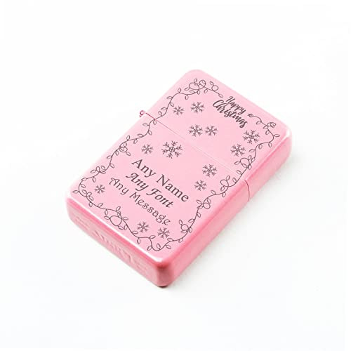 Personalised Engraved Matt Pink Painted Lighter, with Christmas Lights Design, Add any message in a choice of fonts. Comes with a Soft Lined Metal Tin Gift Box for Presentation.