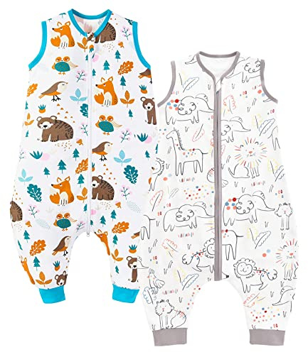 Chilsuessy 2-pack baby sovsäck sommar med fötter 0,5 tog 100 % bomull barn sommarsovsäck för pojkar och flickor, lyckodjur skogsdjur, 70 cm (1-pack)