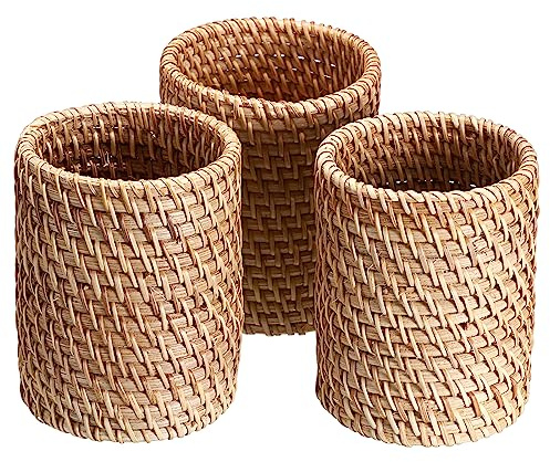 BSTKEY 3pcs Rattan Pencil Holder Cup Small Desk Organizer, Cylinder | Handmade Woven Stationery Storage Organizer Pen Holder Cosmetic Brush Pot Stand for Home Office Classroom