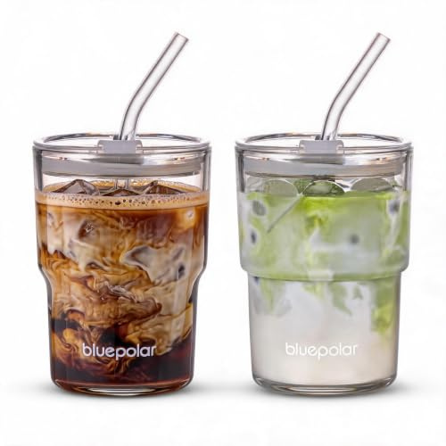 BLUEPOLAR 13oz/400ml Glass Water Tumbler with Straw and Lid Sealed Carry On Thick Wall Iced Coffee Cup Glass Cup for Water, Iced Tea Fruit Juice Etc (White-2Pack)
