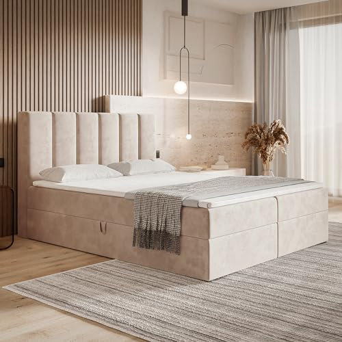 MOTIVENA Santiago Boxspringbett 180x200 mit Bettkasten und Topper, Polsterbett 180x200 mit Bettkasten, Bonellfederkern-Matratze (H4), T28 Komfortschaumstoff Topper (H3), Samt, Beige (Creme)