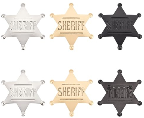 FINGERINSPIRE 6 pcs Western Shérif Badge Métal Hexagramme Shérif Broche Argent Doré Étoile Noire avec Mot Shérif Épinglette Vintage Épinglettes pour Costume Accessoires Rétro Poitrine pour Cosplay