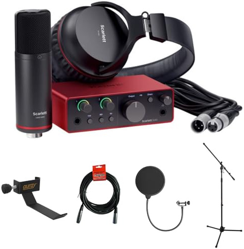 Focusrite Scarlett Solo Studio USB-C Audio Interface with Microphone and Headphones (4th Generation) Bundle with Clamp On Headphone Holder, Tripod Mic Stand + Boom, Kellopy Pop Filter & XLR Cable